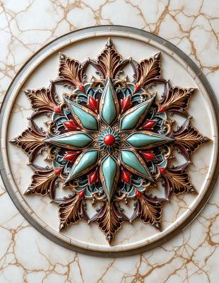 The primary subject of the image is a decorative tile with a flower design. The tile is placed on a marble surface, which serves as the setting or background. The visual style of the image is a combination of photo and digital art, as it appears to be a close-up of the tile with a vibrant color palette. The dominant colors in the image are red, green, and blue, creating a lively and eye-catching atmosphere.