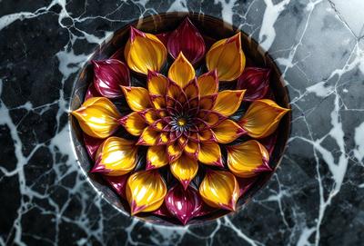 The primary subject of the image is a bowl filled with yellow and red flowers. The setting is a marble countertop, and the visual style appears to be a combination of a photo and digital art. The dominant colors in the image are yellow and red, creating a vibrant and lively atmosphere.