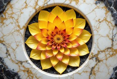 The primary subject of the image is a yellow flower with a red center, which is the main focus of the image. The setting is a marble surface, which serves as the backdrop for the flower. The visual style of the image is a combination of photo and digital art, creating a unique and eye-catching representation of the flower. The dominant colors in the image are yellow and red, giving the flower a vibrant and lively appearance.