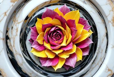 The primary subject of the image is a beautifully crafted paper flower, which is the main focus of the scene. The flower is placed on a marble surface, which serves as the setting or background. The visual style of the image is a combination of photo and digital art, creating a realistic yet artistic representation of the flower. The dominant colors in the image are pink and yellow, giving the flower a vibrant and lively appearance.