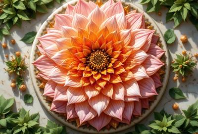 The primary subject of the image is a large, colorful flower with a yellow center. The flower is the focal point of the scene, and it is displayed on a white plate. The visual style of the image is a combination of photo and digital art, creating a vibrant and detailed representation of the flower. The dominant colors in the image are yellow, pink, and white, giving the scene a warm and lively atmosphere.