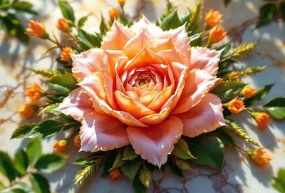 The primary subject of the image is a beautiful pink rose with a yellow center, sitting on a marble surface. The rose is surrounded by green leaves, creating a visually appealing and natural setting. The visual style of the image is a close-up of the rose, showcasing its details and beauty. The colors in the image are predominantly pink and yellow, giving the scene a warm and inviting atmosphere.