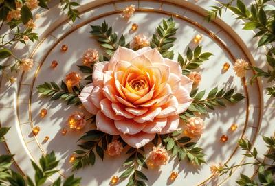 The primary subject of the image is a beautifully designed flower arrangement. The setting is a white table, and the visual style appears to be a combination of photo and digital art. The colors and mood of the image are predominantly pink, creating a warm and inviting atmosphere. The flower arrangement is adorned with golden lights, adding a touch of elegance and sophistication to the scene.