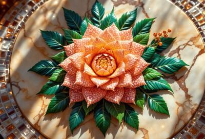 The primary subject of the image is a beautifully crafted flower made of paper, placed on a marble table. The flower is the centerpiece of the scene, and its vibrant colors and intricate details make it stand out. The setting is a marble table, which adds a touch of elegance and sophistication to the overall atmosphere. The visual style of the image is a combination of artistic craftsmanship and digital art, creating a unique and eye-catching display.