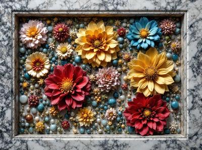 The primary subject of the image is a beautifully crafted mosaic of flowers, featuring a variety of colors and shapes. The setting is a marble table, which serves as the backdrop for the intricate flower arrangement. The visual style of the image is a combination of photo and digital art, creating a vibrant and lively atmosphere. The dominant colors in the mosaic are red, yellow, and blue, which contribute to the overall mood of the scene.