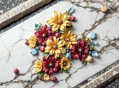 The primary subject of the image is a beautifully arranged floral arrangement on a marble table. The setting is a marble table, and the visual style is a photo. The colors and mood of the image are predominantly warm and vibrant, with the flowers and marble table creating a sense of elegance and sophistication.