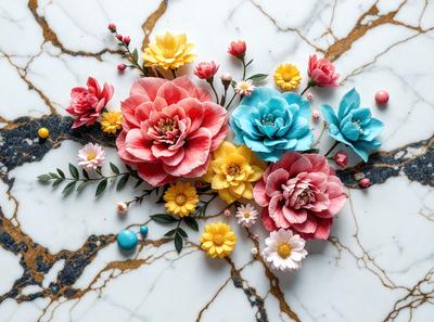 The primary subject of the image is a bouquet of colorful flowers, including pink, yellow, blue, and red, arranged on a table. The setting is a table with a marble surface, and the visual style is a close-up of the flowers. The colors and mood of the image are vibrant and cheerful, with the flowers creating a lively and inviting atmosphere.