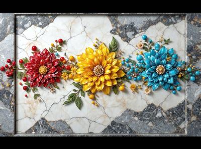 The primary subject of the image is a beautifully crafted floral arrangement, featuring a variety of flowers in different colors. The setting is a marble table, which serves as the backdrop for the arrangement. The visual style of the image is a combination of photo and digital art, creating a vibrant and lively atmosphere. The colors and mood of the image are predominantly warm and inviting, with the flowers and marble table creating a sense of elegance and sophistication.