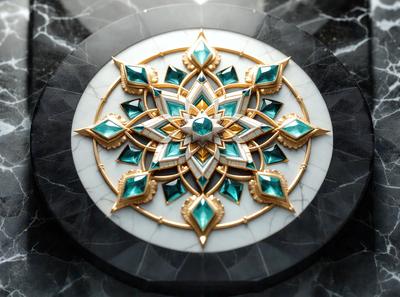 The primary subject of the image is a beautifully crafted gold and blue decorative piece, possibly a jewelry item or a piece of art. The setting is a marble surface, which adds to the elegance and sophistication of the piece. The visual style is a combination of digital art and illustration, showcasing intricate details and a harmonious color palette. The colors and mood of the image are predominantly gold and blue, creating a sense of luxury and tranquility.