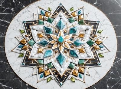 The primary subject of the image is a beautifully designed, intricate, and colorful flower pattern. The setting is a marble table, and the visual style is a combination of photo and digital art. The dominant colors in the image are blue, green, and gold, creating a vibrant and lively atmosphere.