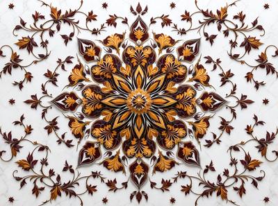 The primary subject of the image is a beautifully designed and intricately crafted floral pattern. The setting is a white marble wall, which serves as a stunning backdrop for the artwork. The visual style of the image is a combination of digital art and illustration, creating a vibrant and captivating display. The dominant colors in the image are a mix of orange, yellow, and brown, giving the artwork a warm and inviting atmosphere.