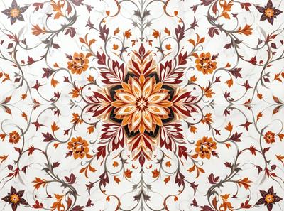 The primary subject of the image is a large, intricate floral pattern. The setting is a white wall, and the visual style appears to be a combination of digital art and illustration. The dominant colors in the image are orange and brown, creating a warm and vibrant atmosphere.