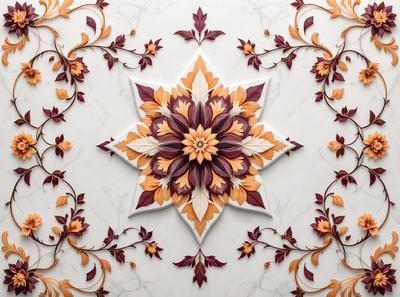 The primary subject of the image is a decorative design featuring a flower pattern. The setting is a white marble wall, which serves as the background for the artwork. The visual style appears to be a combination of digital art and illustration, creating a unique and intricate pattern. The dominant colors in the image are purple and orange, which contribute to a warm and vibrant atmosphere.