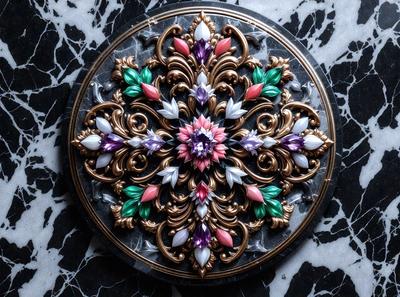 The primary subject of the image is a decorative plate with a gold and purple design. The plate features a colorful flower pattern, which adds a vibrant and lively touch to the scene. The setting is a black and white marble table, which provides a contrasting and elegant backdrop for the plate. The visual style of the image is a combination of digital art and illustration, creating a unique and eye-catching design. The colors and mood of the image are predominantly black, white, and gold