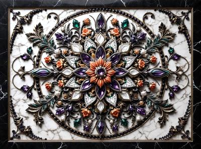 The primary subject of the image is a beautifully designed and intricately crafted flower pattern. The setting is a marble surface, which adds to the elegance of the design. The visual style is a combination of digital art and illustration, creating a unique and captivating pattern. The colors and mood of the image are predominantly purple and orange, giving it a warm and vibrant atmosphere.
