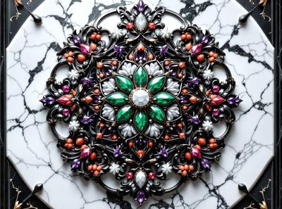 The primary subject of the image is a decorative piece featuring a colorful flower design. The setting is a white marble table, and the visual style appears to be a combination of digital art and illustration. The dominant colors in the image are green, orange, and purple, creating a vibrant and lively atmosphere.