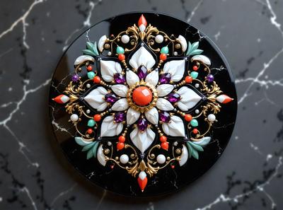 The primary subject of the image is a decorative plate with a colorful design. The plate features a gold and black color scheme, and it is adorned with a variety of gemstones, including orange, purple, and green. The plate is placed on a marble surface, which serves as the setting or background of the image. The visual style of the image is a combination of digital art and illustration, creating a vibrant and eye-catching design. The colors and mood of the image are lively