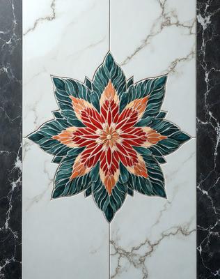 The primary subject of the image is a beautifully designed tile with a flower pattern. The tile is white and features a green flower design, giving it a vibrant and lively appearance. The setting is a bathroom, as indicated by the presence of a marble countertop. The visual style of the image is a close-up of the tile, showcasing its intricate details. The colors and mood of the image are predominantly green and white, creating a fresh and clean atmosphere.