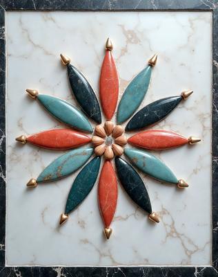 The primary subject of the image is a decorative piece made of marble, featuring a flower design with a central point. The setting is a white marble surface, which serves as the background. The visual style is a combination of digital art and illustration, creating a unique and intricate design. The dominant colors in the image are white, red, blue, and orange, giving the piece a vibrant and lively appearance.