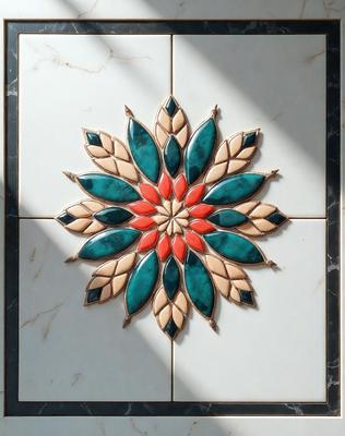 The primary subject of the image is a decorative tile featuring a flower design. The tile is set against a white background, giving it a clean and elegant appearance. The visual style of the image is a combination of photo and digital art, as it appears to be a close-up of the tile, yet the flower design is intricately detailed. The dominant colors in the image are blue and red, which are used to create the flower design. The overall atmosphere of the image is one of beauty and sophistication.