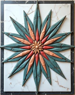 The primary subject of the image is a large, intricately designed green and red flower, which is the centerpiece of the scene. The flower is surrounded by a variety of green and red shapes, creating a visually striking pattern. The setting appears to be a white marble surface, which serves as the background for the flower and its accompanying shapes. The visual style of the image is a combination of digital art and illustration, with the flower and shapes being carefully crafted to create a vibrant and eye-catch