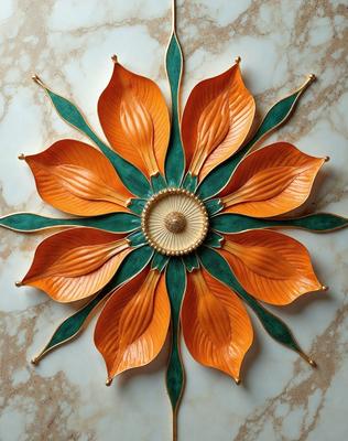 The primary subject of the image is a decorative piece featuring a flower design. The setting is a wall, and the visual style appears to be a combination of photo and digital art. The dominant colors in the image are orange and green, creating a warm and vibrant atmosphere.
