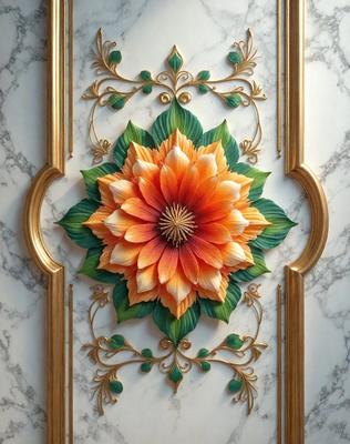 The primary subject of the image is a large, colorful flower with a yellow center, surrounded by green leaves. The flower is prominently displayed on a marble wall, which serves as the setting for the scene. The visual style of the image is a combination of digital art and illustration, creating a vibrant and lively atmosphere. The dominant colors in the image are yellow, green, and white, with the flower being the focal point of the scene.
