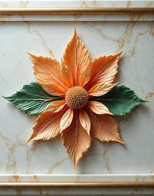The primary subject of the image is a flower, which is the main object, scene, or focus of the image. The flower is placed on a marble surface, which serves as the setting or background. The visual style of the image is a combination of photo and digital art, as it appears to be a close-up of the flower with a slightly blurred background. The dominant colors of the image are orange and brown, giving it a warm and natural atmosphere.