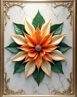 The primary subject of the image is a large, colorful flower made of marble. The flower is the focal point of the scene, and it is displayed on a marble surface. The visual style of the image is a combination of digital art and illustration, creating a vibrant and detailed representation of the flower. The dominant colors in the image are orange and yellow, giving the flower a warm and lively appearance. The overall atmosphere of the image is one of beauty and craftsmanship, showcasing the artistic