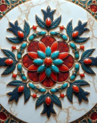 The primary subject of the image is a beautifully designed tile with a flower pattern. The tile features a red flower with blue accents, surrounded by green leaves. The setting is a marble surface, which adds to the elegance of the design. The visual style is a combination of digital art and illustration, creating a vibrant and eye-catching pattern. The colors and mood of the image are predominantly warm and inviting, with the red flower and blue accents adding a touch of vibrancy to