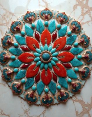 The primary subject of the image is a beautifully crafted, colorful, and intricate design. The design features a mix of blue, red, and orange colors, creating a vibrant and lively atmosphere. The setting is a marble surface, which adds to the elegance and sophistication of the artwork. The visual style of the image is a combination of digital art and illustration, showcasing the artist's skill and attention to detail. Overall, the image exudes a sense of creativity