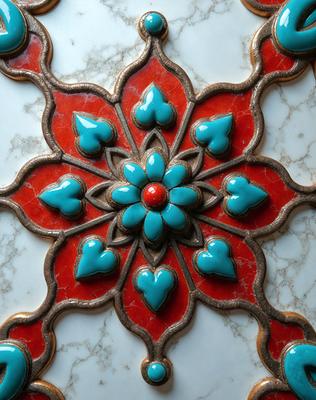 The primary subject of the image is a decorative piece featuring a red and blue flower design. The setting is a white marble surface, which serves as the background for the artwork. The visual style of the image is a combination of photo and digital art, creating a unique and eye-catching design. The dominant colors in the image are red and blue, which contribute to a vibrant and lively atmosphere.
