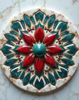The primary subject of the image is a decorative tile with a green and red flower design. The tile is set against a white marble background, giving it a clean and elegant appearance. The visual style of the image is a close-up of the tile, showcasing its intricate details. The dominant colors in the image are green and red, which create a vibrant and lively atmosphere.