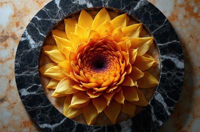 The primary subject of the image is a large, yellow flower with a purple center, placed on a marble surface. The setting is a stone table, and the visual style appears to be a close-up of the flower. The dominant colors are yellow and purple, creating a vibrant and lively atmosphere.