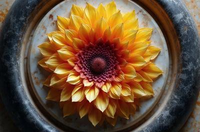 The primary subject of the image is a large, vibrant yellow flower with orange and purple accents. The flower is prominently displayed in the center of the image, surrounded by a yellow background. The visual style of the image is a close-up, with the flower being the main focus. The colors and mood of the image are bright, warm, and inviting, with the yellow flower being the central point of interest.