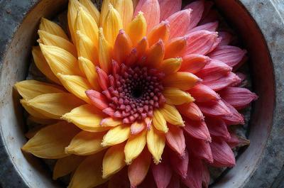 The primary subject of the image is a large, colorful flower with a yellow center and orange petals. The flower is placed in a bowl, which serves as the setting for the background. The visual style of the image is a close-up of the flower, showcasing its vibrant colors and intricate details. The dominant colors in the image are yellow, orange, and pink, creating a warm and lively atmosphere.