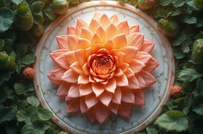 The primary subject of the image is a large, pink flower with a yellow center, sitting on a marble surface. The flower is the focal point of the scene, and its vibrant colors create a lively and cheerful atmosphere. The setting appears to be a still life arrangement, with the flower placed on a marble plate or a similar surface. The visual style of the image is a combination of realism and artistic expression, as the flower is depicted in a detailed and lifelike manner while also showc