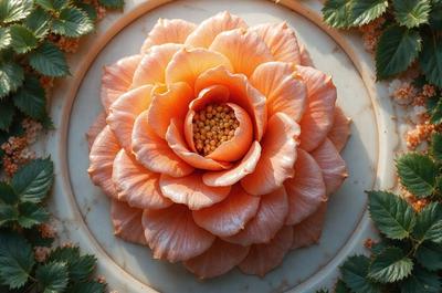 The primary subject of the image is a large, beautifully crafted flower made of marble. The flower is placed on a marble surface, which serves as the setting for the scene. The visual style of the image is a combination of photo and digital art, creating a realistic yet artistic representation of the flower. The dominant colors in the image are orange and pink, giving the flower a warm and vibrant appearance. The overall atmosphere of the image is elegant and sophisticated, showcasing the intricate details