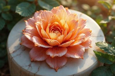 The primary subject of the image is a single, large, open flower with a pink and orange color scheme. The flower is placed on a stone surface, which serves as the setting or background. The visual style of the image is a close-up, focusing on the details of the flower. The colors and mood of the image are warm and inviting, with the vibrant pink and orange hues creating a sense of freshness and natural beauty.