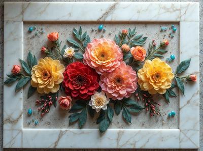 The primary subject of the image is a beautifully arranged bouquet of flowers. The flowers are displayed on a marble surface, which adds a touch of elegance to the scene. The setting appears to be a still life, showcasing the vibrant colors and intricate details of the flowers. The visual style of the image is a combination of photo and digital art, creating a realistic yet artistic representation of the flowers. The colors and mood of the image are lively and cheerful, with the flowers being the main