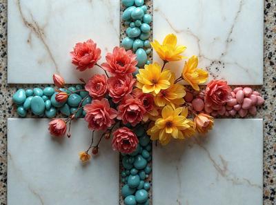 The primary subject of the image is a beautiful arrangement of flowers, including red, yellow, and orange flowers, placed on a marble surface. The setting is a marble countertop, and the visual style is a close-up of the flowers. The colors and mood of the image are vibrant and lively, with the flowers creating a sense of freshness and natural beauty.