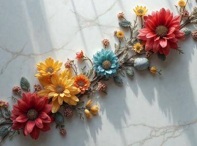 The primary subject of the image is a beautifully crafted floral arrangement, featuring a variety of flowers in different colors. The setting is a white marble wall, which serves as a stunning backdrop for the vibrant and colorful flowers. The visual style of the image is a combination of photo and digital art, creating a realistic yet artistic representation of the flowers. The dominant colors in the image are red, yellow, blue, and orange, creating a lively and cheerful atmosphere.