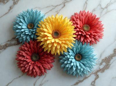 The primary subject of the image is a group of four colorful flowers, each with a different color, placed on a marble surface. The flowers are arranged in a visually appealing manner, creating a vibrant and lively atmosphere. The setting is a marble countertop, which adds a touch of elegance and sophistication to the scene. The visual style of the image is a combination of photo and digital art, resulting in a high-quality and detailed representation of the flowers. The colors and mood of the