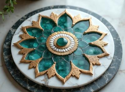 The primary subject of the image is a decorative piece featuring a green and gold design. The setting is a table, and the visual style appears to be a combination of photo and digital art. The colors and mood of the image are predominantly green and gold, creating a warm and inviting atmosphere.