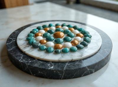 The primary subject of the image is a decorative plate with a marble surface. The plate is adorned with a pattern of blue, gold, and orange beads, creating a visually appealing and colorful design. The setting is a table, and the visual style appears to be a combination of photo and digital art. The colors and mood of the image are vibrant and lively, with the blue, gold, and orange beads creating a sense of warmth and energy.