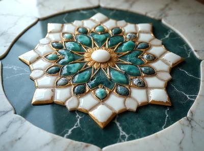 The primary subject of the image is a decorative tile or mosaic, featuring a green and white design. The tile is placed on a marble surface, which serves as the setting or background. The visual style of the image is a close-up of the tile, showcasing its intricate details. The dominant colors in the image are green and white, creating a calm and serene atmosphere.