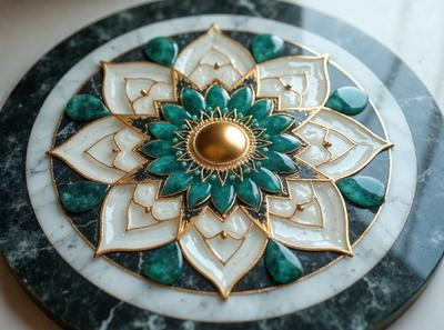 The primary subject of the image is a decorative plate featuring a green flower design. The plate is placed on a marble surface, which serves as the setting or background. The visual style of the image is a combination of photo and digital art, creating a unique and intricate design. The dominant colors in the image are green and gold, giving the plate a vibrant and elegant appearance.