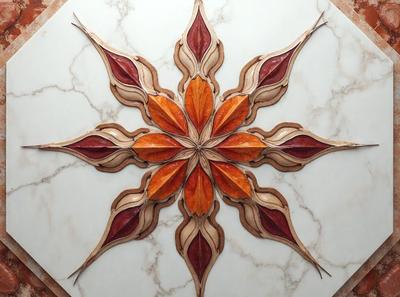 The primary subject of the image is a wooden artwork, possibly a sculpture or a decorative piece, featuring a flower-like design. The setting is a white marble surface, which serves as the background for the artwork. The visual style appears to be a combination of digital art and illustration, as the wooden artwork is intricately crafted and detailed. The colors and mood of the image are predominantly warm and inviting, with the wooden artwork and marble surface creating a sense of elegance and