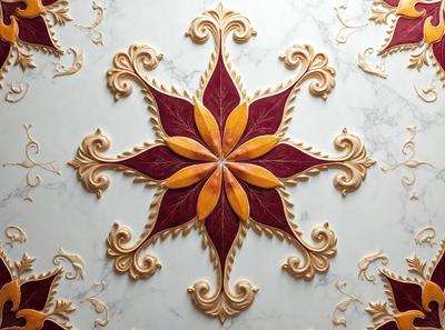 The primary subject of the image is a decorative design on a marble surface. The design features a flower-like pattern with a central point, surrounded by leaves. The setting is a marble table, and the visual style appears to be a combination of a photo and a drawing. The colors in the design are predominantly red and yellow, creating a warm and vibrant atmosphere.