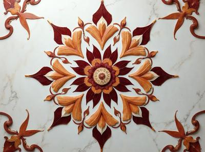 The primary subject of the image is a decorative design on a marble surface. The design features a large flower with a center, surrounded by other flowers. The setting is a marble wall, and the visual style appears to be a combination of digital art and illustration. The colors in the design are predominantly red and orange, creating a warm and vibrant atmosphere.